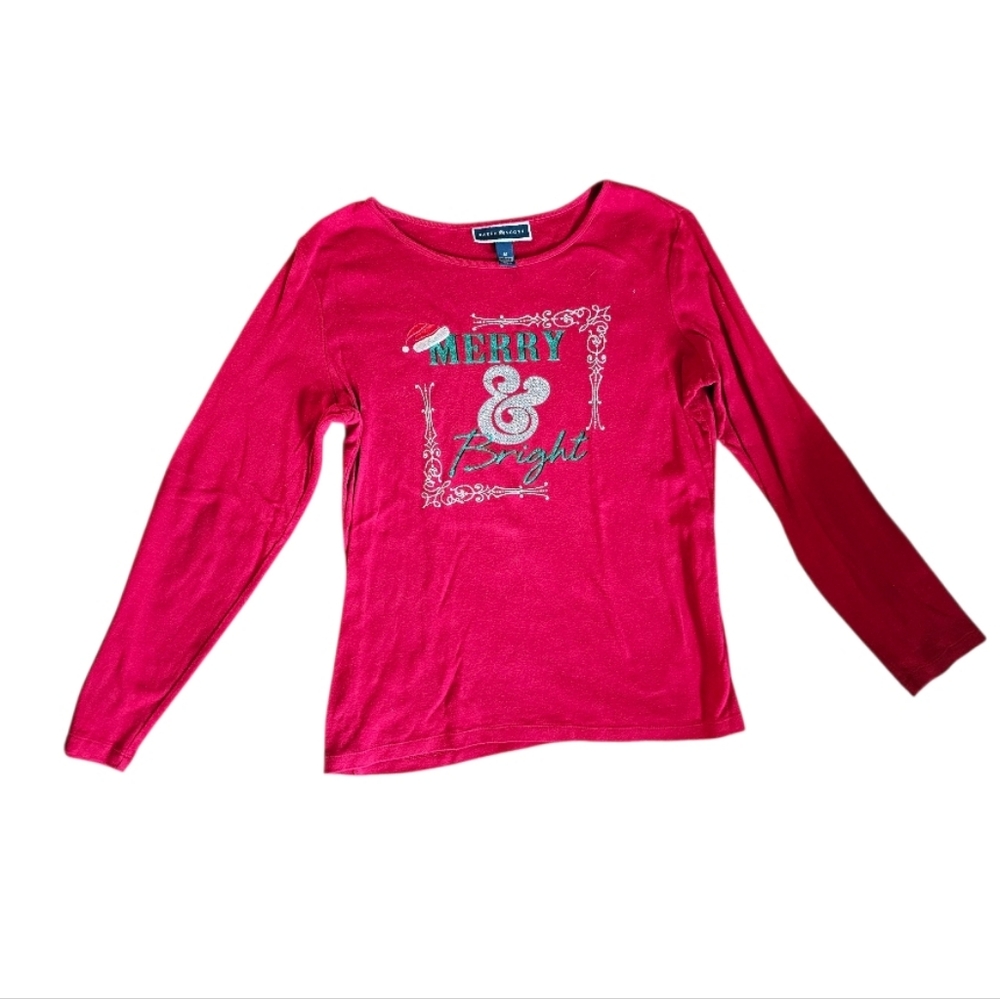 Karen Scott Vibrant Red Cotton Knit Christmas Top "Merry and Bright" Size Medium